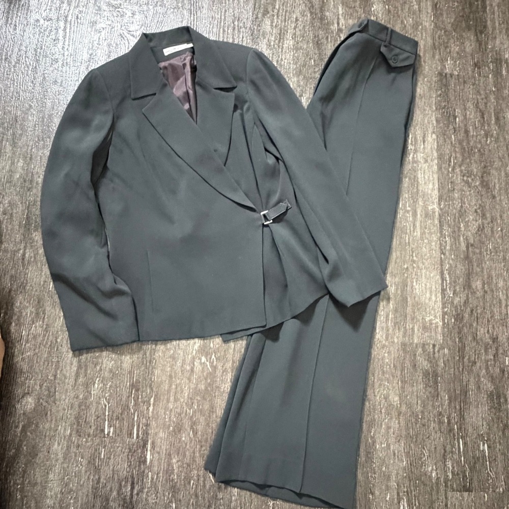 Marisa Minicucci Pant Suit Womens 12 Gray Wrap Buckle Blazer Wide Leg Trousers